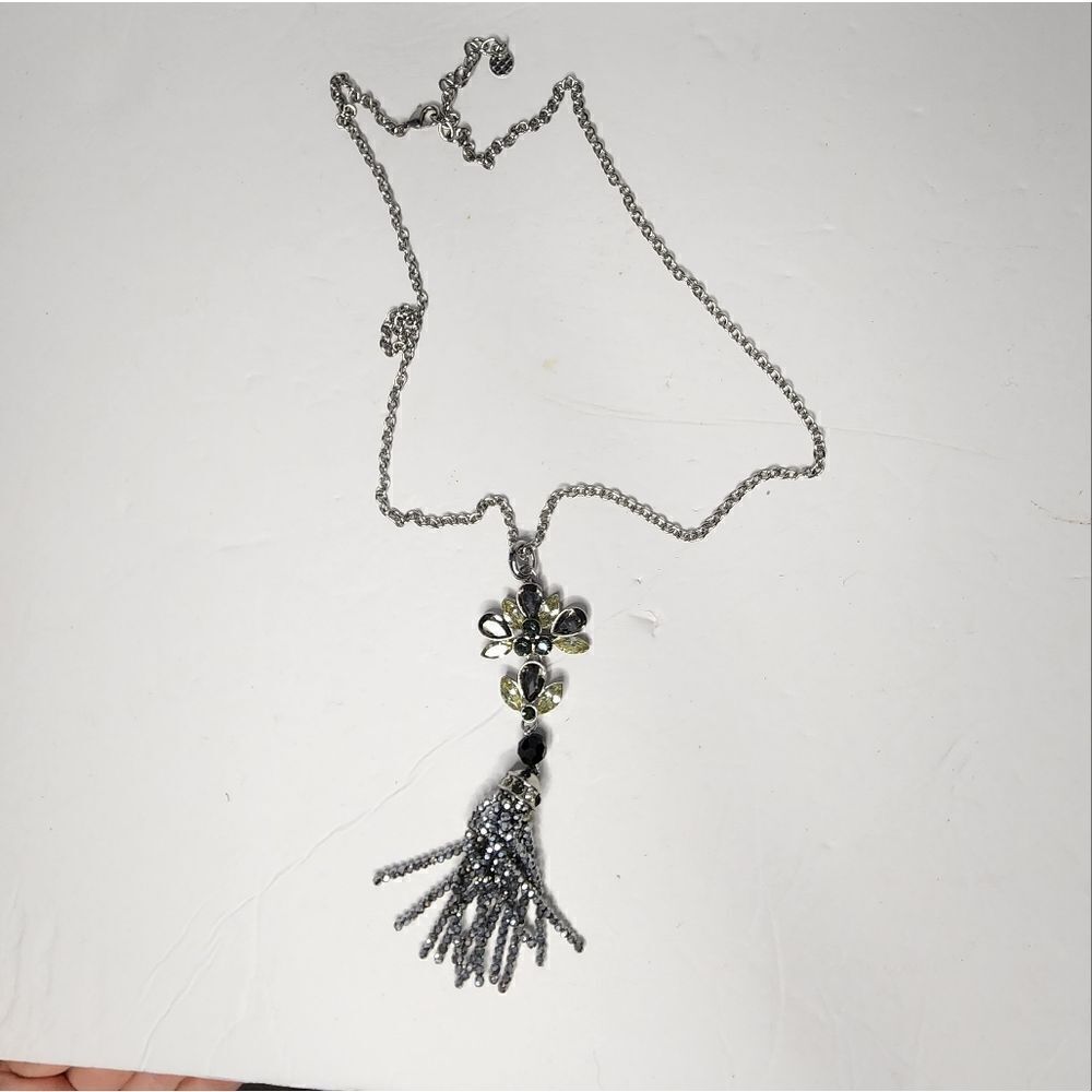 TALBOTS Cluster Tassel Necklace Silver Color Soft Yellow Gray Long Tassles